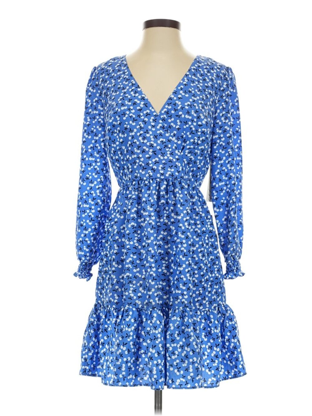 Eliza J Long Sleeve Blue White Cherry Print Wrap Top Mini Dress - Size 8